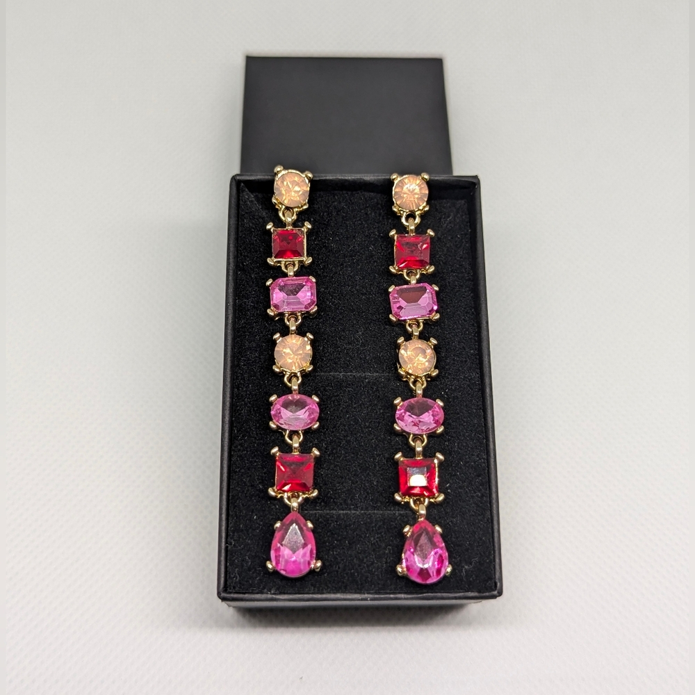 Hot Pink & Red Crystal Statement Earrings • Fuchsia Drop Dangles • NWT
